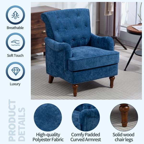 Accent Chair Comfy Chenille Club Fabric Retro Wooden Legs Upholstered Living Room Arm Chair 300lbs Capacity Blue Fabric Chair