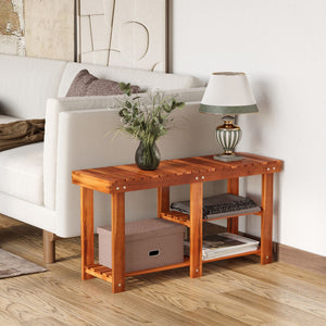 3-Tier Acacia Wood Shoe Storage Bench with Teak Finish for Hallway Shoe and Boot Organizer