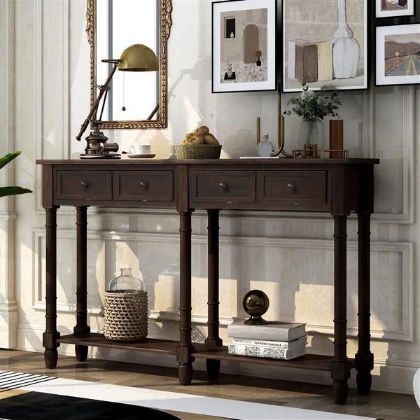 Espresso Console Table with Two Storage Drawers and Bottom Shelf for Living Room or Entryway Easy Assembly Console Sofa Table