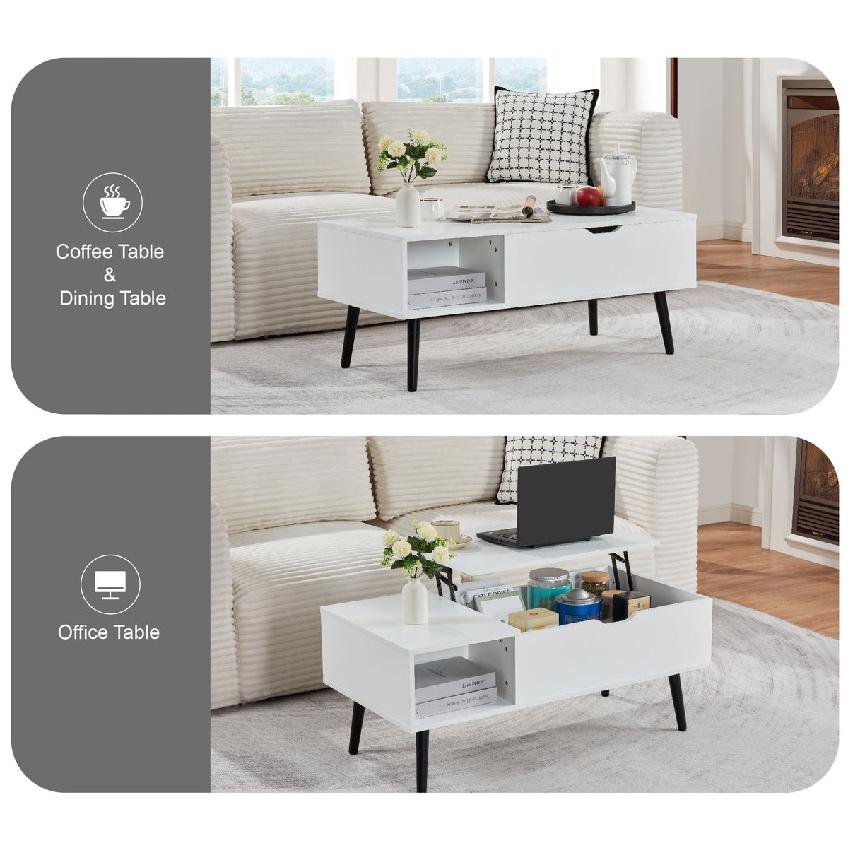 39\" White Lift Top Coffee Table with Hidden Compartment and Storage Shelf for Living Room or Reception Wood Material
