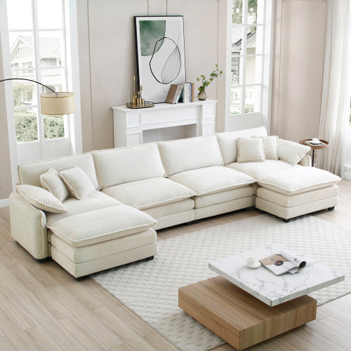 Modern 4-Seater U-Shape Corduroy Sofa Premium Soft Fabric with 2 Ottomans for Living Room