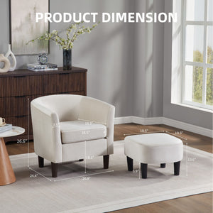 Modern White Velvet Accent Chair with Ottoman Sleek Barrel Armchair for Living Room or Bedroom