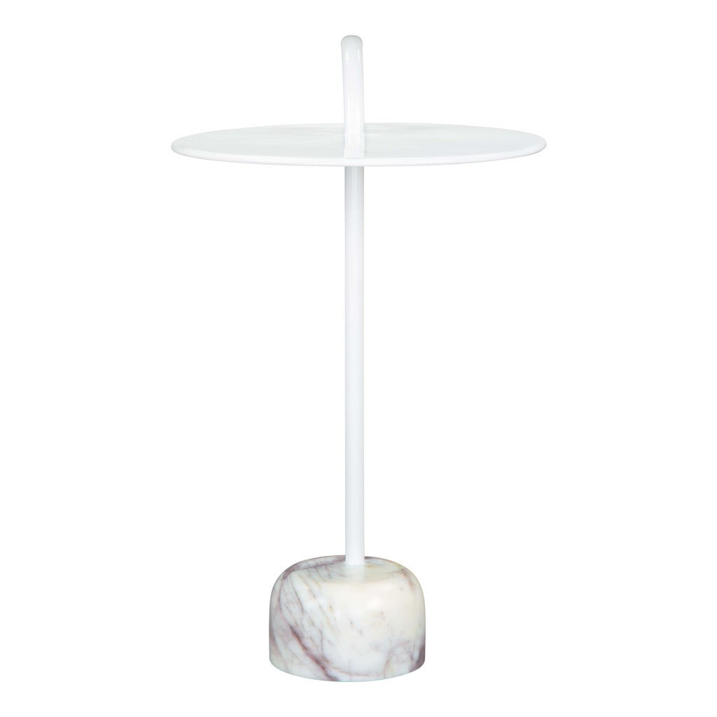 HMS 25\" White Iron and Marble Round Pedestal End Table Elegant Coffee Table with Intricate Design