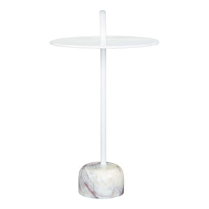 HMS 25\" White Iron and Marble Round Pedestal End Table Elegant Coffee Table with Intricate Design