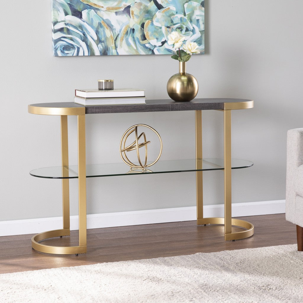 HMS 49\" Gray and Gold Solid Wood Oval Sled Console Table with Storage Elegant Coffee Table Design