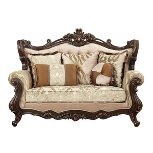 HMS 70 Beige and Brown Chesterfield Loveseat Set Genuine Leather 2-Seater with Toss Pillows for Living Room