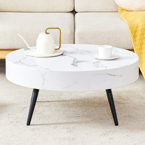 31.5 White Marble-Patterned MDF Round Coffee Table with Black Metal Feet FCJ Design