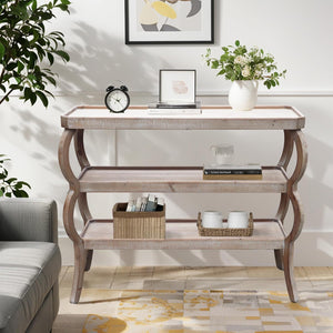 PARISLOFT 3-Tier Wood Console Table, Curved Entryway Table with Shelves, Wood Accent Table for Living Room, Entryway, Hallway, 4