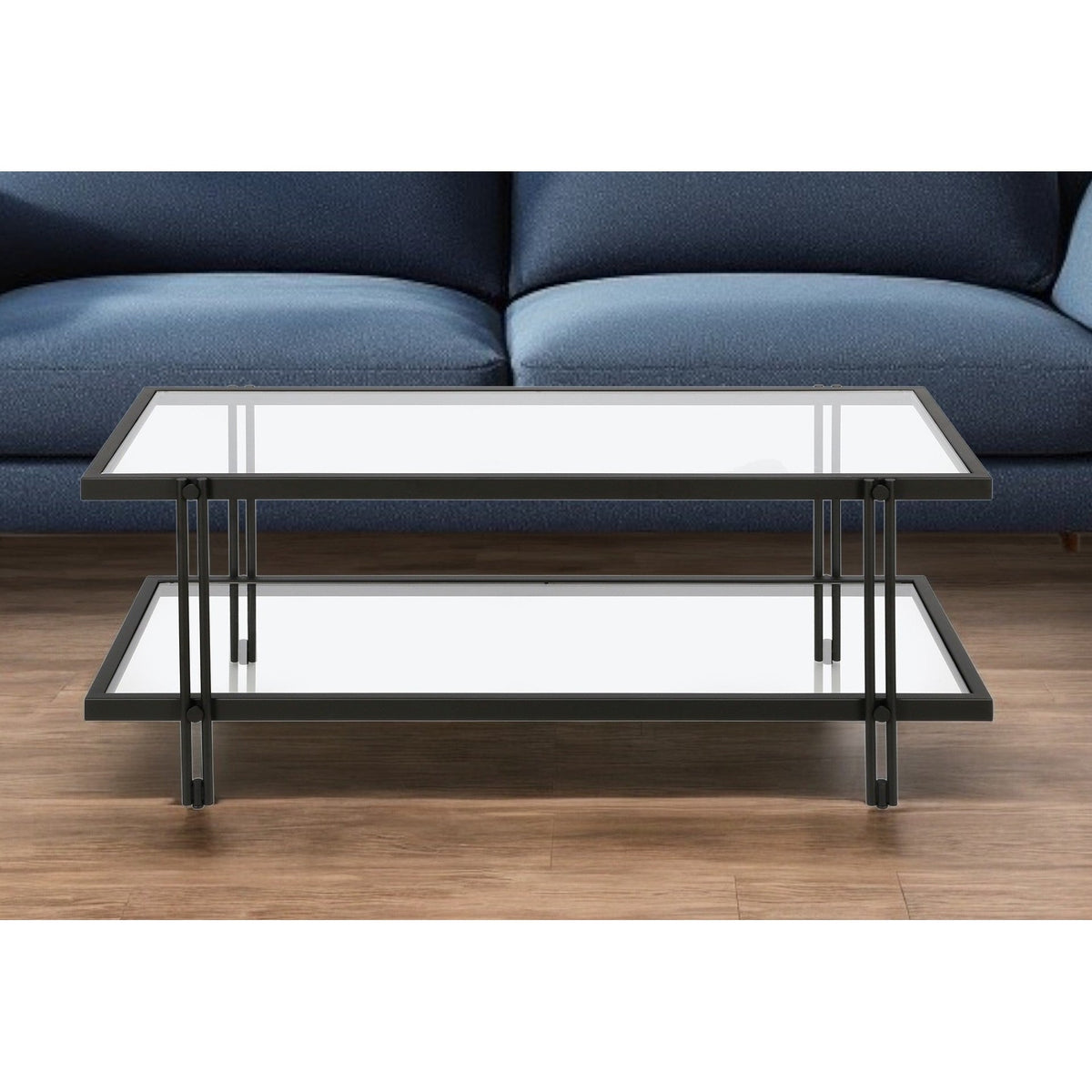 HMS 45 Modern Simple Black Glass and Steel Coffee Table with Shelf Tempered Glass Farmhouse Style for Living Room