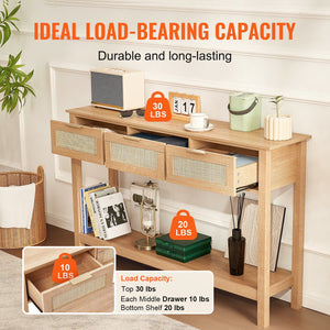 Natural Rattan Console Table with 3 Sliding Storage Drawers