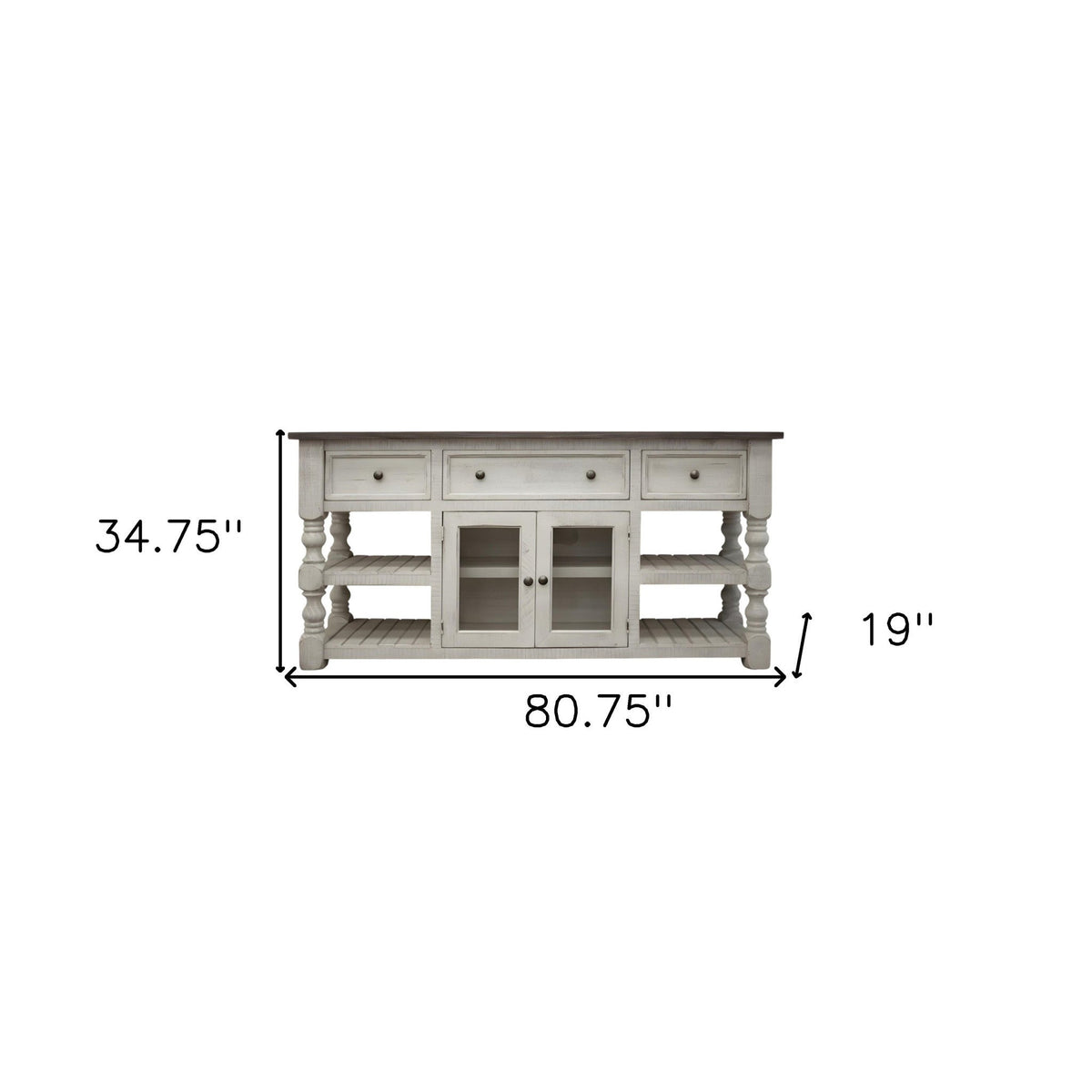 HMS 81 Ivory Solid Wood Open Shelving Distressed TV Stand Handcrafted with Distinctive Distress Finish