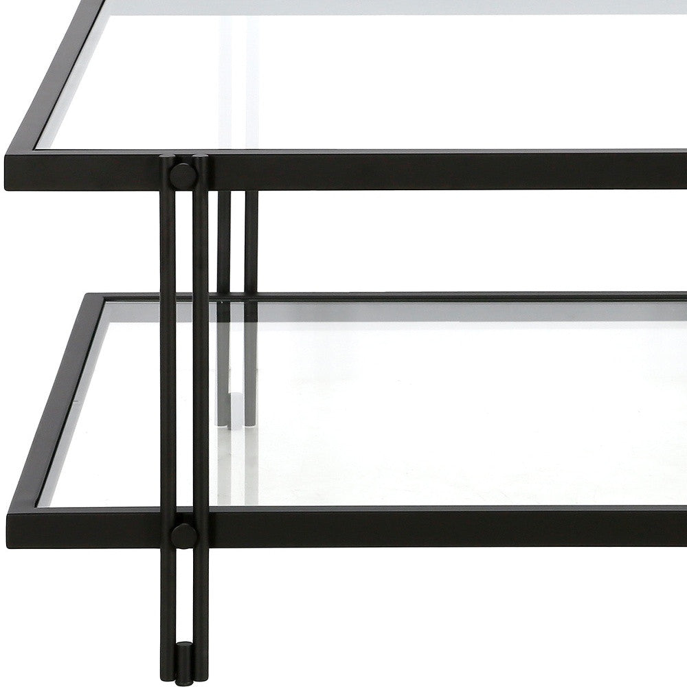 HMS 32\" Clear and Black Glass and Steel Square Coffee Table with Shelf