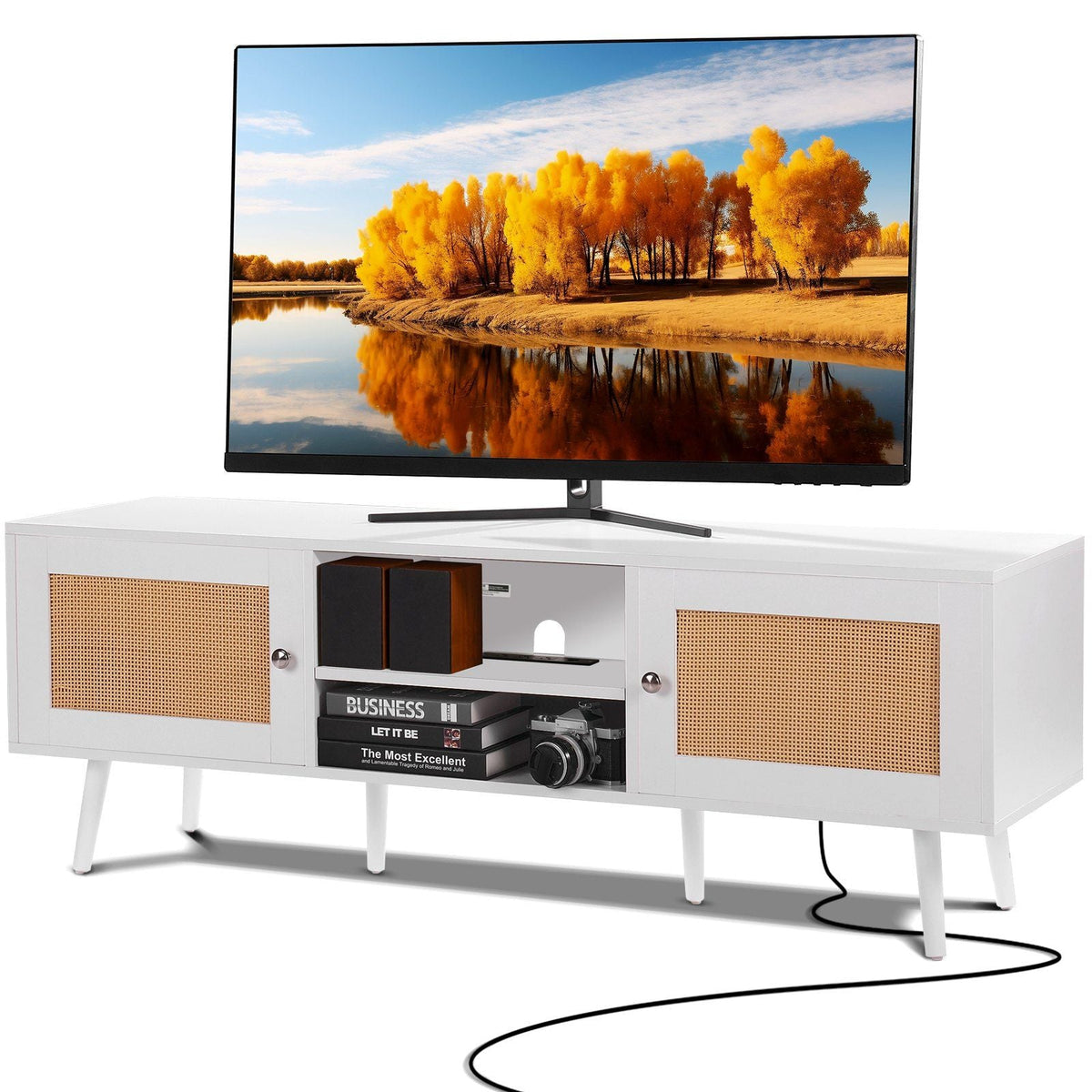 Modern Boho 65-Inch TV Stand Rattan Door White Entertainment Center Living Room Media Room USB Socket Ports for Home Theater