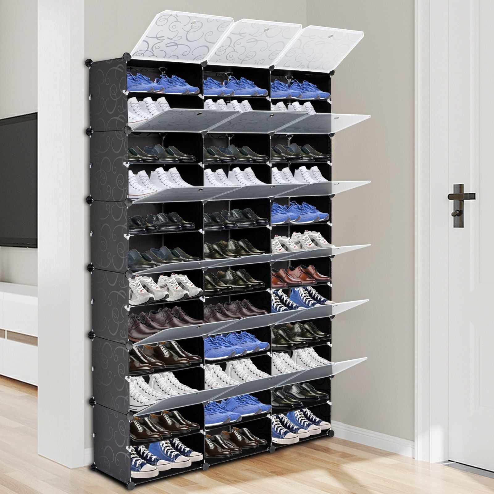 72-Pair 12-Tier Portable Shoe Rack Organizer 36 Grids Tower Shelf Storage Cabinet Stand Expandable Heels Boots Slippers Black