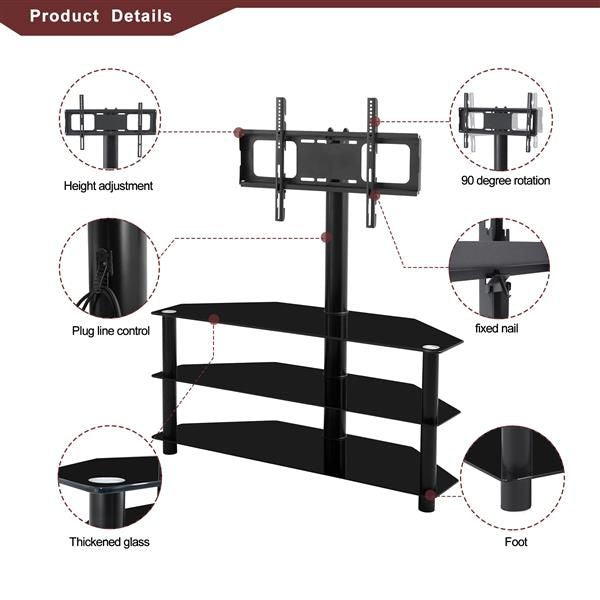 Black 3-Tier Multi-Function TV Stand with Height Adjustable Bracket Swivel Functionality