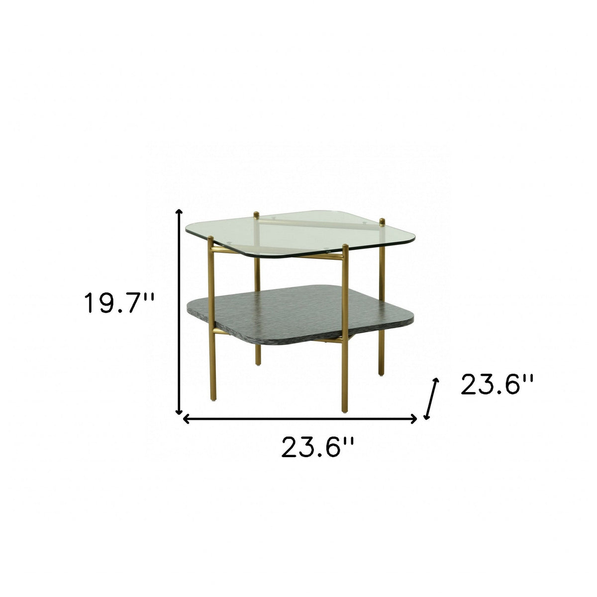 HMS 20\" Gold and Clear Glass Metal Square TV Stand with Shelf Elegant End Table with Storage