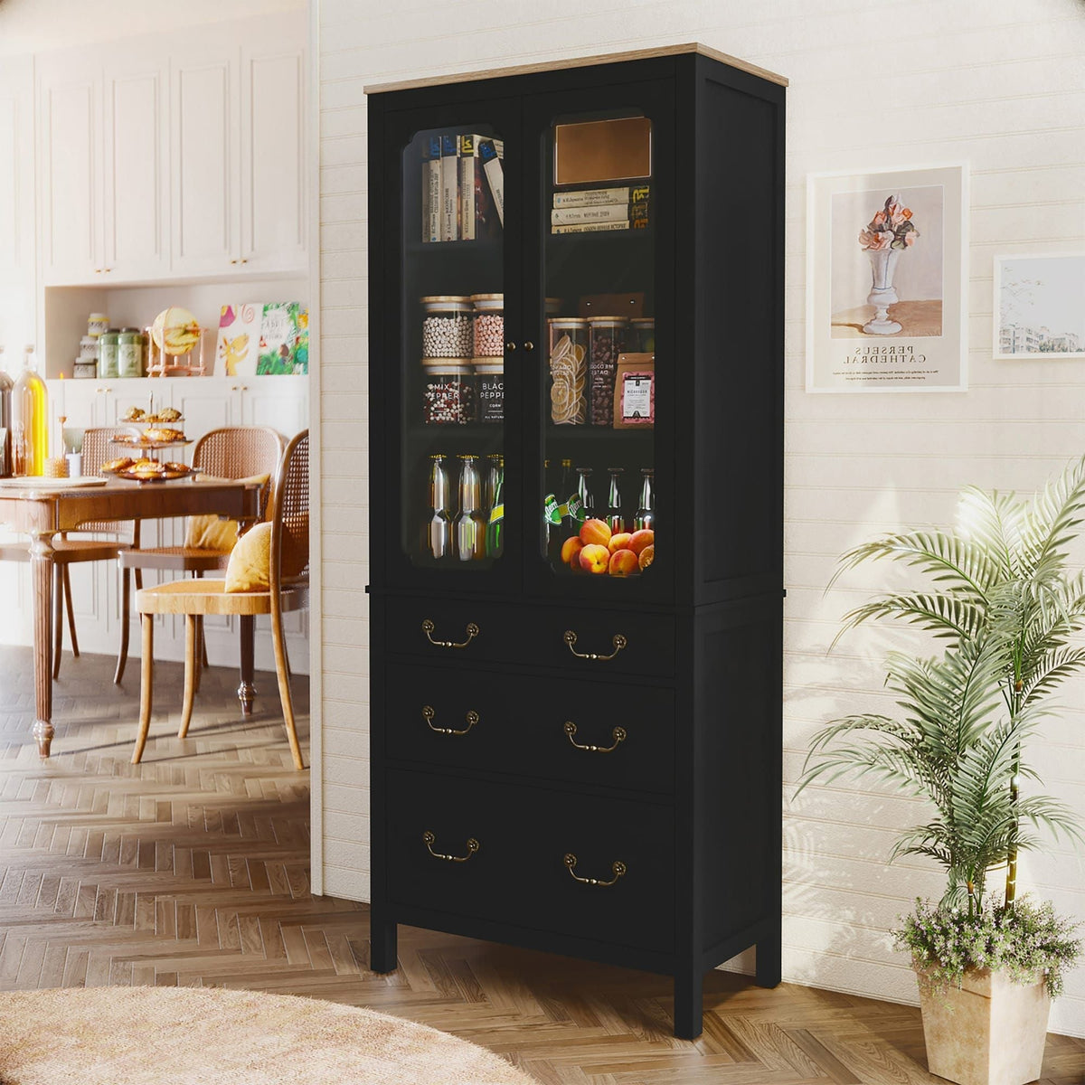 Free Standing Tall Storage Utility Cupboard Kitchen Pantry Cabinet Tempered Glass Doors Adjustable Shelves for Living Room
