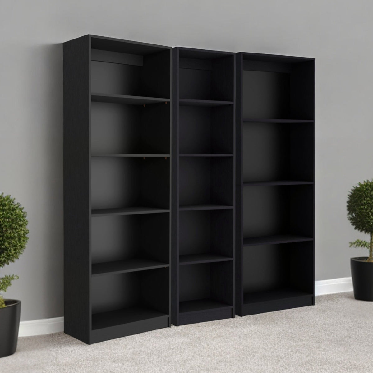 Set Three Traditional Five Tier Bookcase HMS Black Glass Bookshelf for Home Office Living Room Workshop Staircase Book Storage