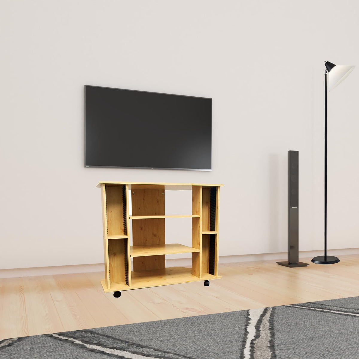 HMS 35 Luxury Modern Minimalist Open Shelving TV Stand Brown Wood Panel for Living Room or House Home Furniture