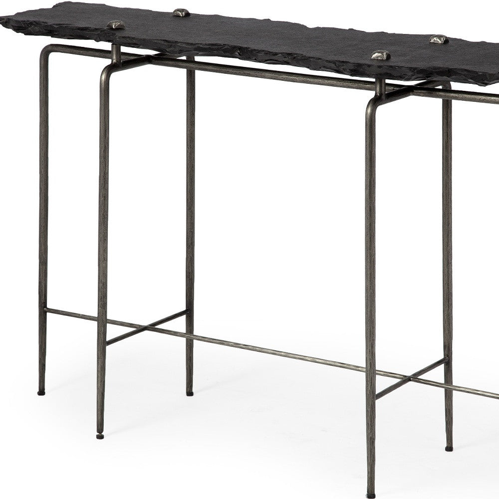 HMS Contemporary Six Leg Console Table 17\" Black and Silver Slate Wood MDF Glass for Living Room or Hotel Bedroom Furniture