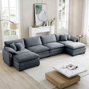Modern 4-Seater U-Shape Corduroy Sofa Premium Soft Fabric with 2 Ottomans for Living Room