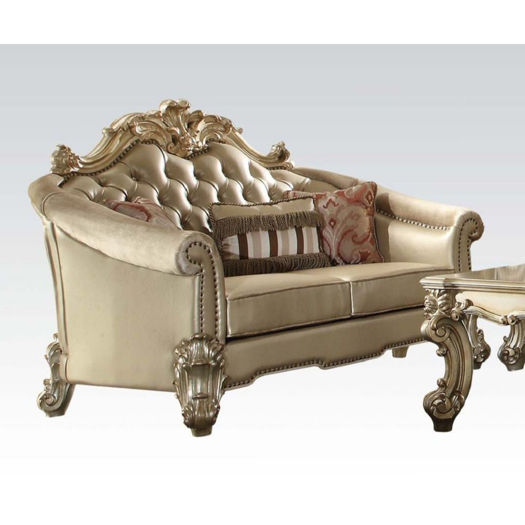 HMS 67 Home Furniture Gold and Bone Faux Leather Loveseat Set with Toss Pillows One-Seater Sectional Sofa for Living Room