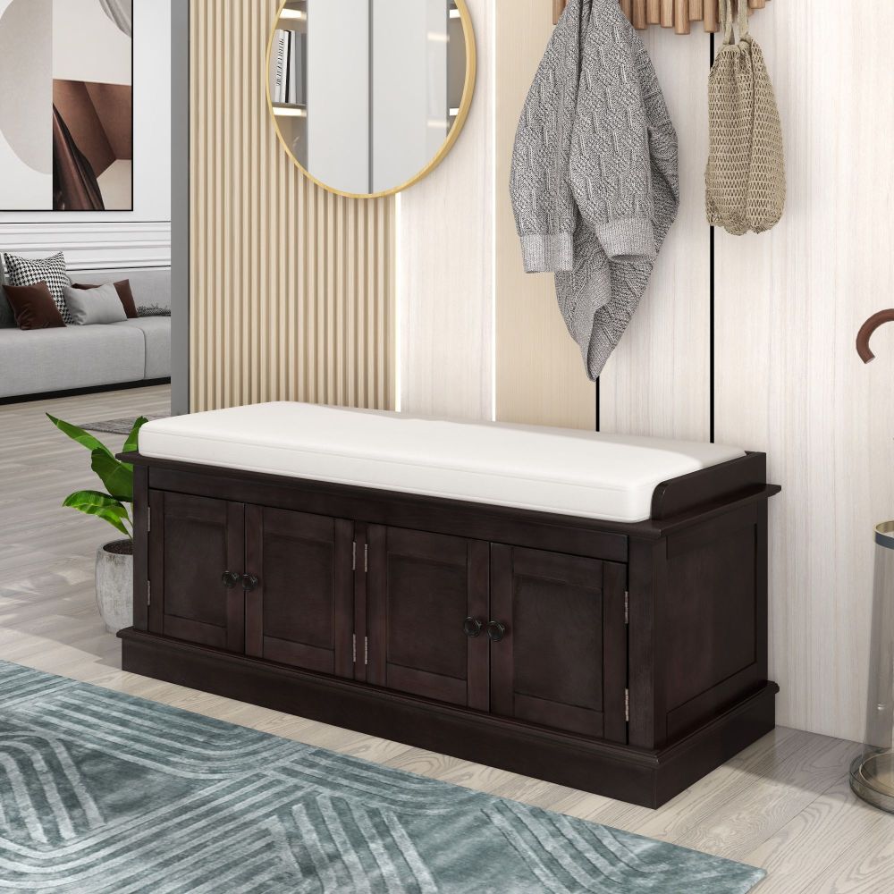 Storage Bench with 4 Doors and Adjustable Shelves, Shoe Bench with Removable Cushion for Living Room