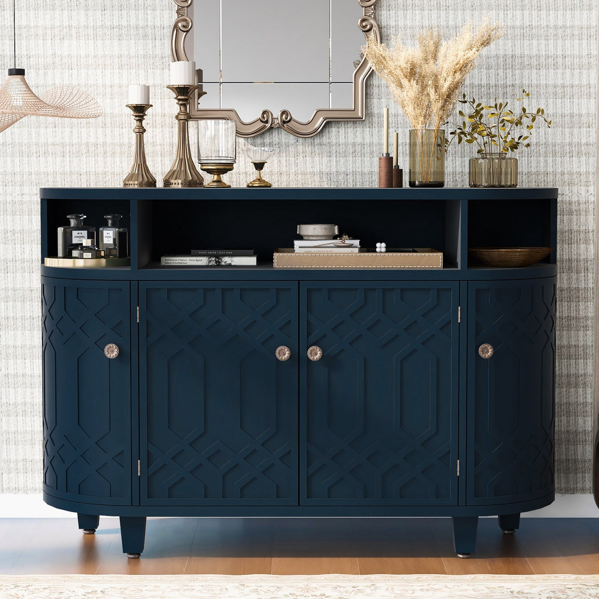 Curved Design Storage Cabinet Featuring Four Doors and Adjustable Shelves Suitable for Corridors Entrances and Study